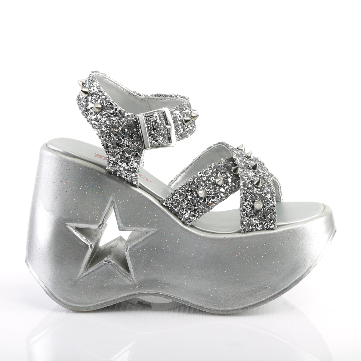 Demonia DYNAMITE-02 Women's Silver Glitter Ankle Strap Platform Wedge Sandals 